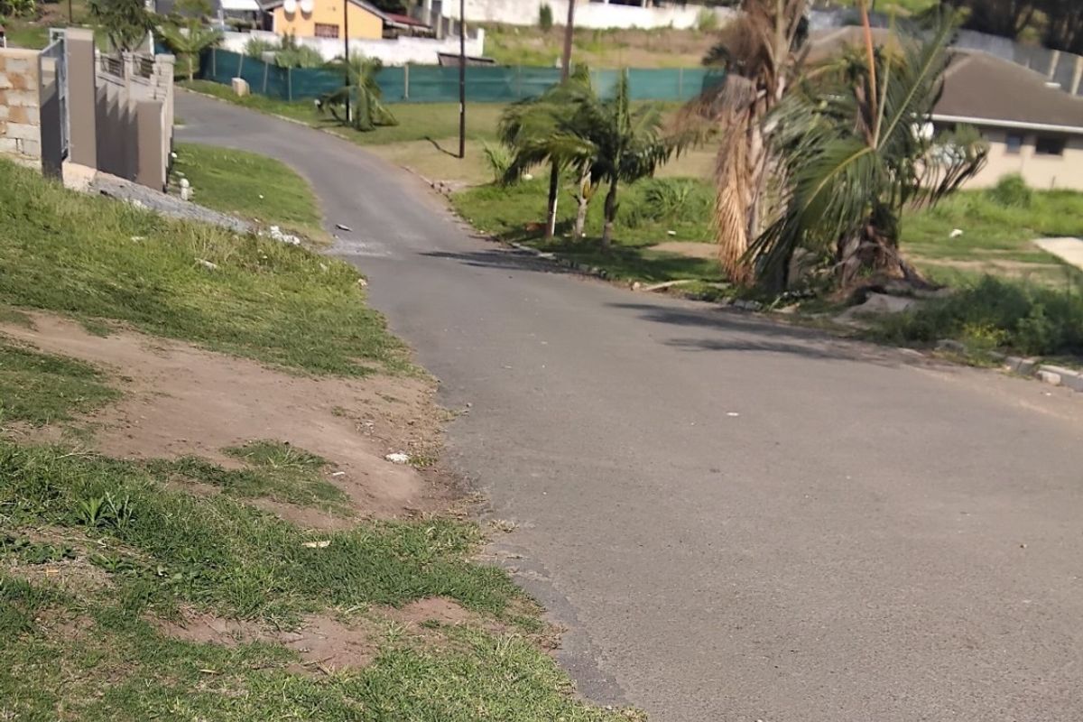 A view of the residential street approach showing the asphalt road, grass verge, and surrounding neighborhood landscape.
