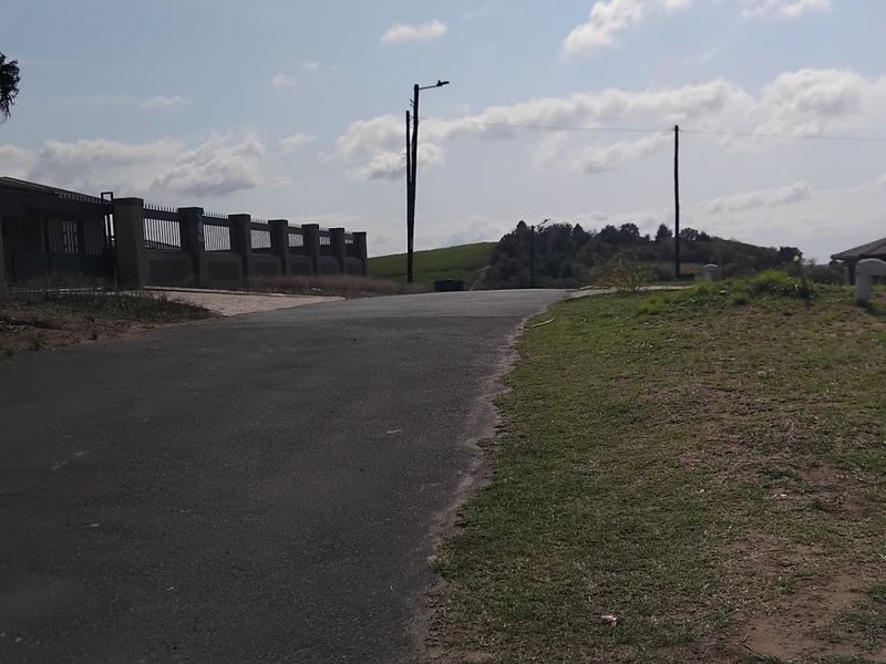 A view of the paved street and surrounding landscape, showing utility infrastructure and perimeter fencing along the residential property boundary.