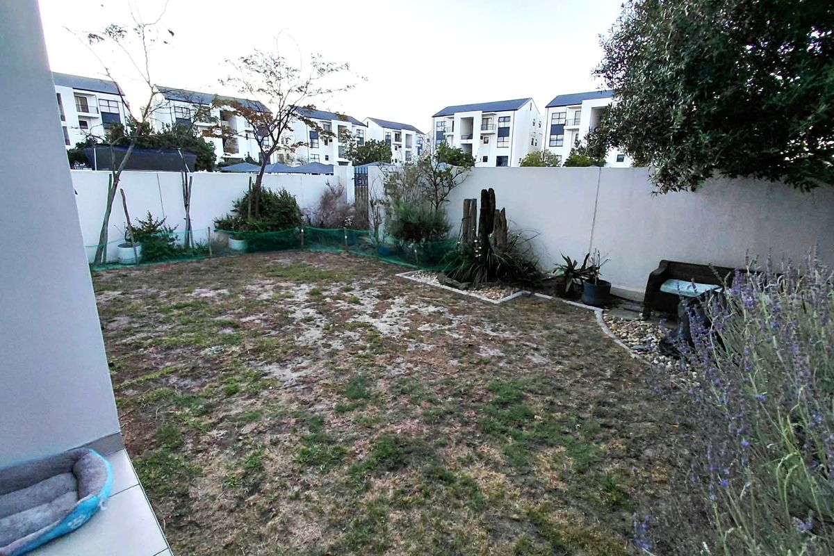 A private rear garden featuring a tiled patio area and a lawn enclosed by boundary walls, offering potential for landscaping improvements.