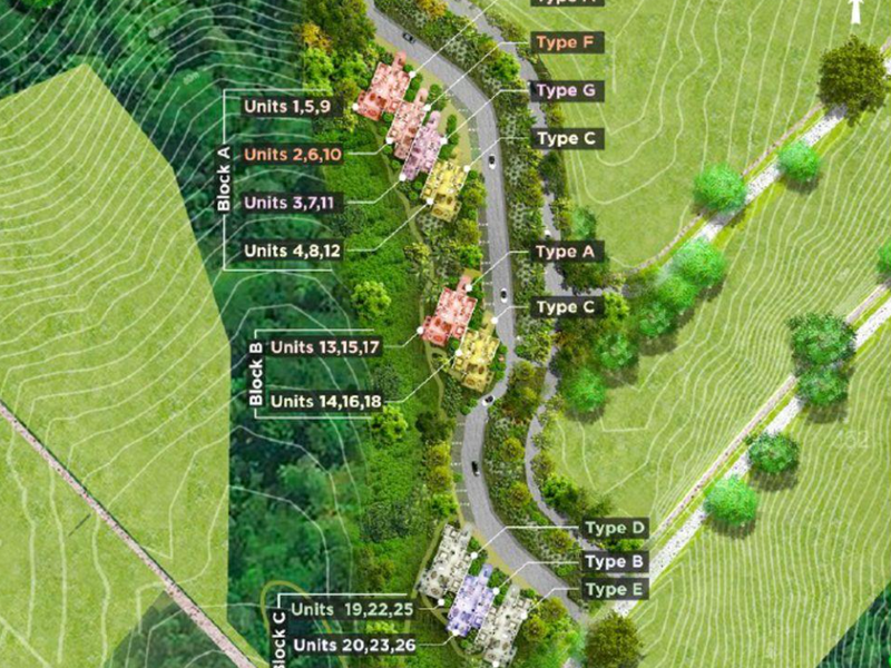 An aerial site plan showing the layout of apartment blocks A, B, and C, including unit numbering and building types within the development.