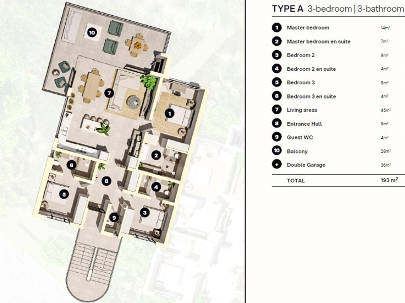 A detailed architectural floor plan for a 3-bedroom, 3-bathroom apartment unit, including a balcony and double garage, totaling 193 square meters.