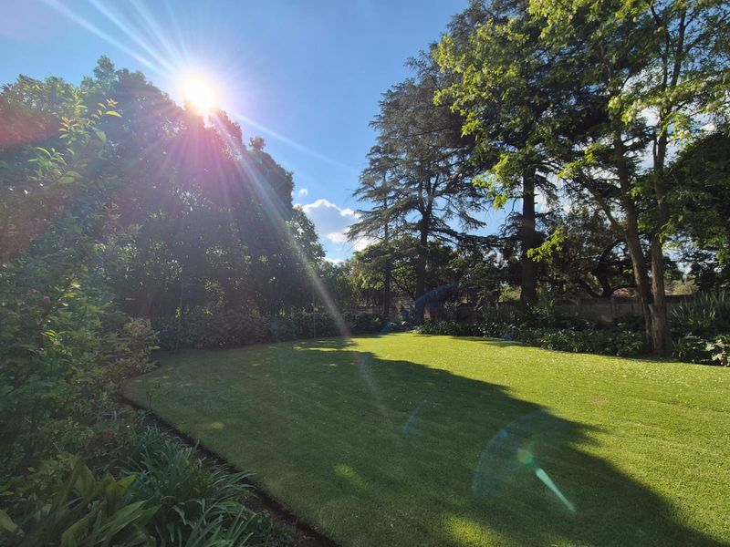 A well-maintained, spacious garden featuring a lush green lawn surrounded by mature trees and established hedging.