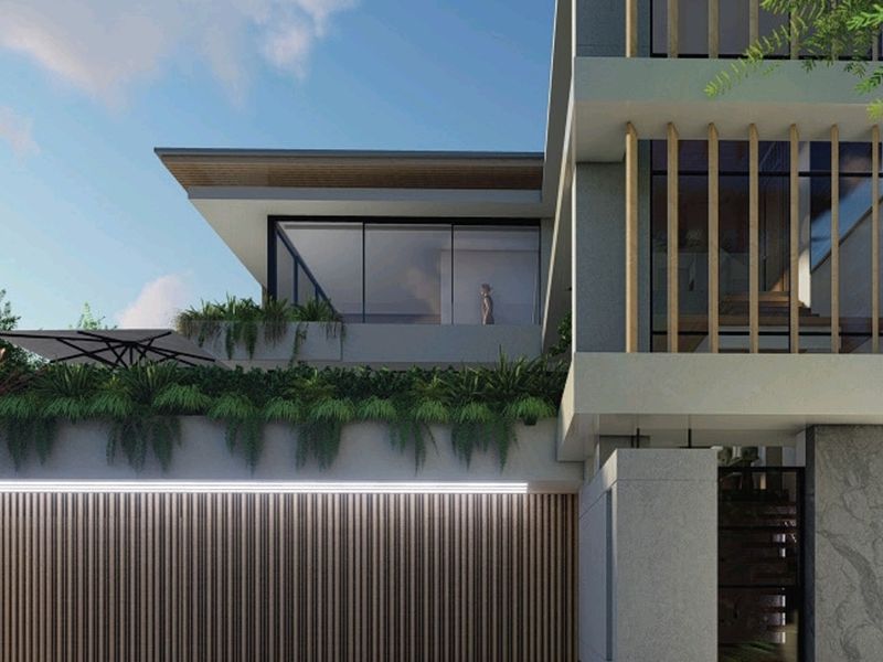 Modern architectural front facade featuring timber slat detailing, integrated LED lighting, large glass windows, and a contemporary water feature at the entrance.