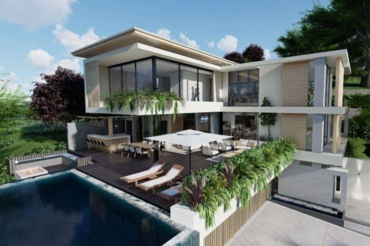 Modern luxury residence featuring a multi-level design with a swimming pool, expansive decking, and integrated outdoor entertainment areas.