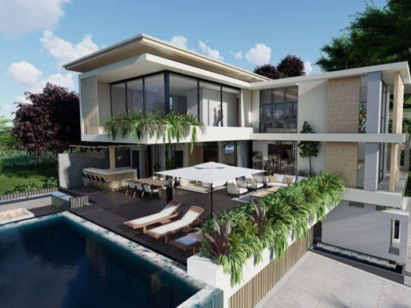 Modern luxury residence featuring a multi-level design with a swimming pool, expansive decking, and integrated outdoor entertainment areas.
