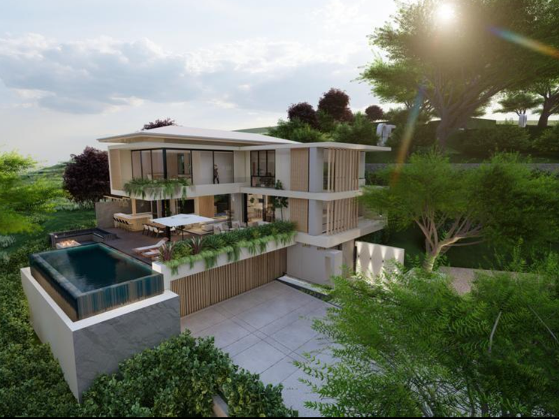 A modern architectural residence featuring a raised swimming pool, expansive timber decking, built-in fire pit, and large glass facades set within a landscaped hillside.