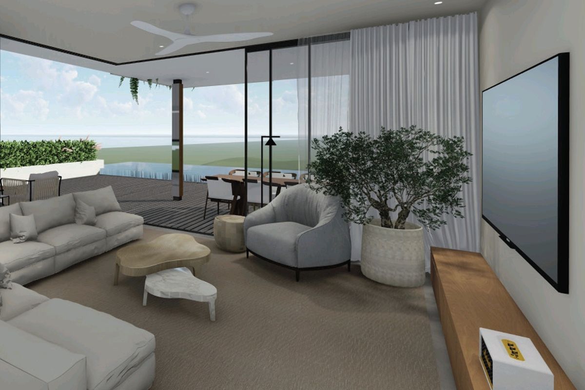 Modern open-plan living area featuring seamless indoor-outdoor flow to a deck with pool views, enhanced by large sliding glass doors and contemporary finishes.
