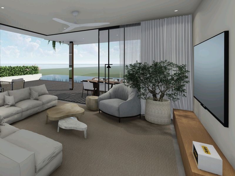 Modern open-plan living area featuring seamless indoor-outdoor flow to a deck with pool views, enhanced by large sliding glass doors and contemporary finishes.