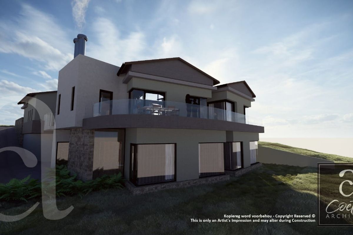 Architectural rendering of a modern residential property featuring a spacious balcony with glass balustrades and stone cladding details.