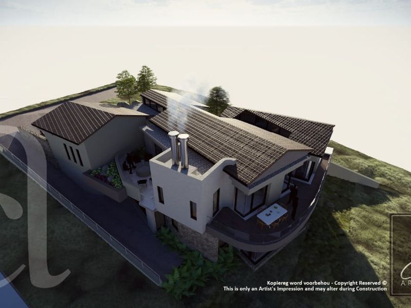 An aerial architectural rendering of a proposed residential property design featuring a multi-pitched tiled roof, stone accents, and a spacious balcony.