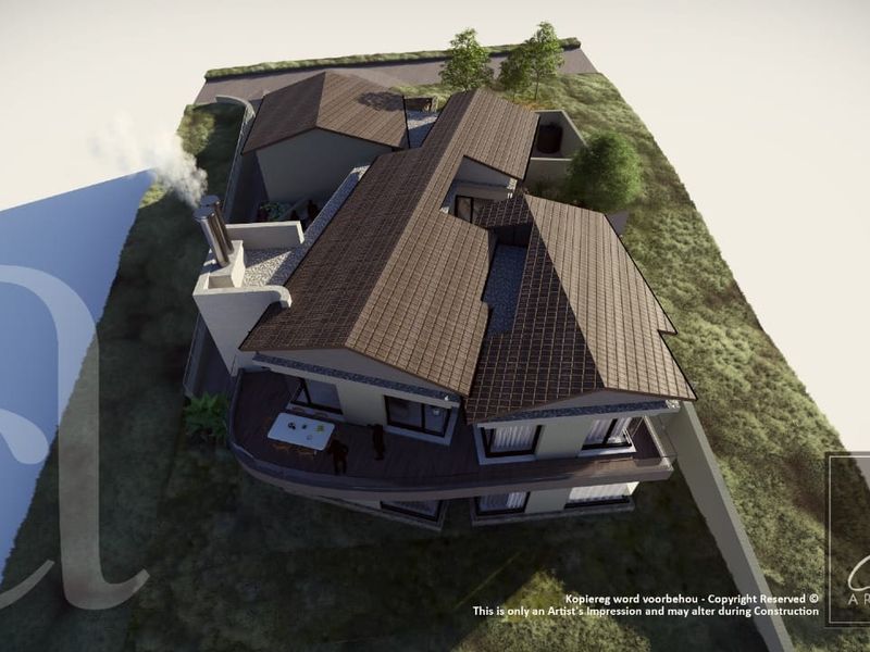 An aerial architectural render showing the proposed residential building design, featuring a tiled roof, chimney, and balcony structure on the property.