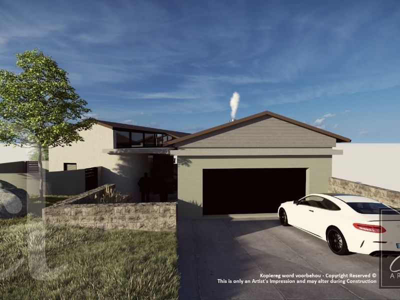 Architectural rendering of a modern residential property front elevation featuring a garage, driveway, and stone landscaping elements.