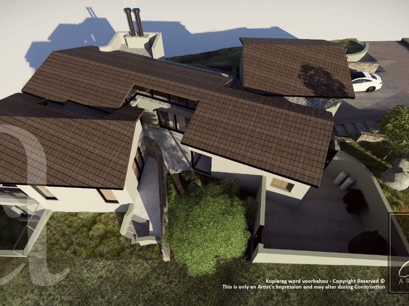 An aerial architectural render showing the proposed residential building layout, roof structure, and site integration.