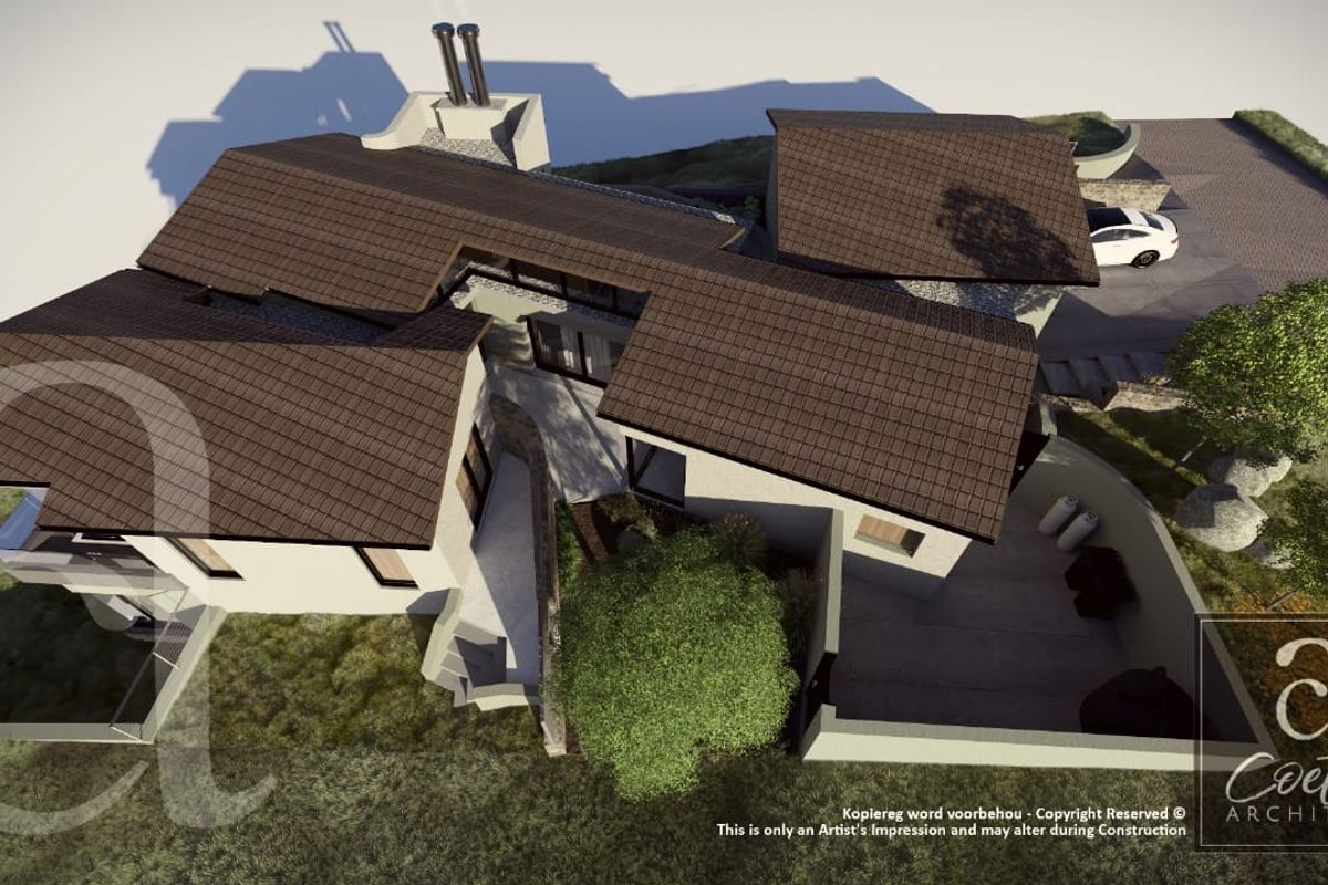 An aerial architectural render showing the proposed residential building layout, roof structure, and site integration.