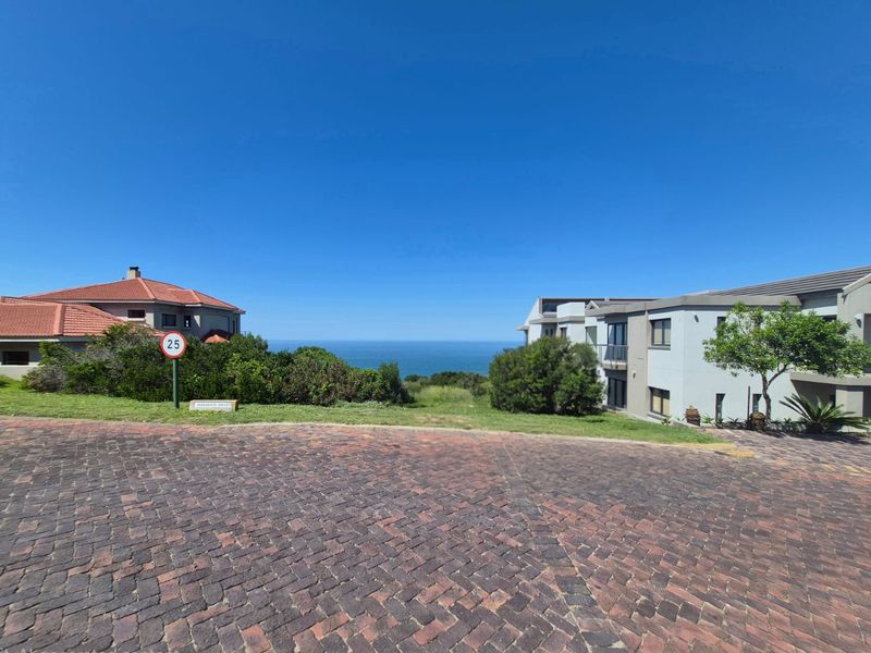 A clear view of the ocean from a paved residential street, showcasing the coastal landscape and surrounding properties.