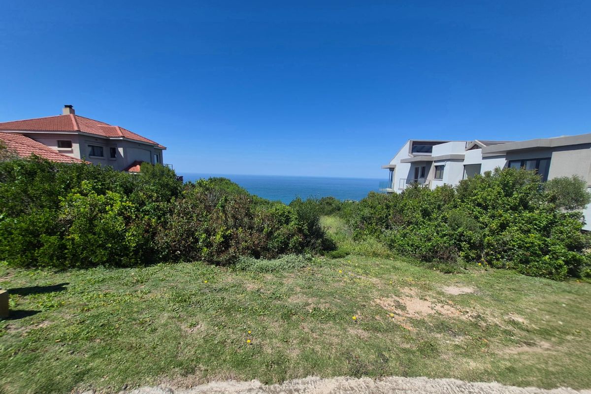 A scenic view of the ocean framed by surrounding residential properties and natural coastal vegetation on a vacant residential plot.