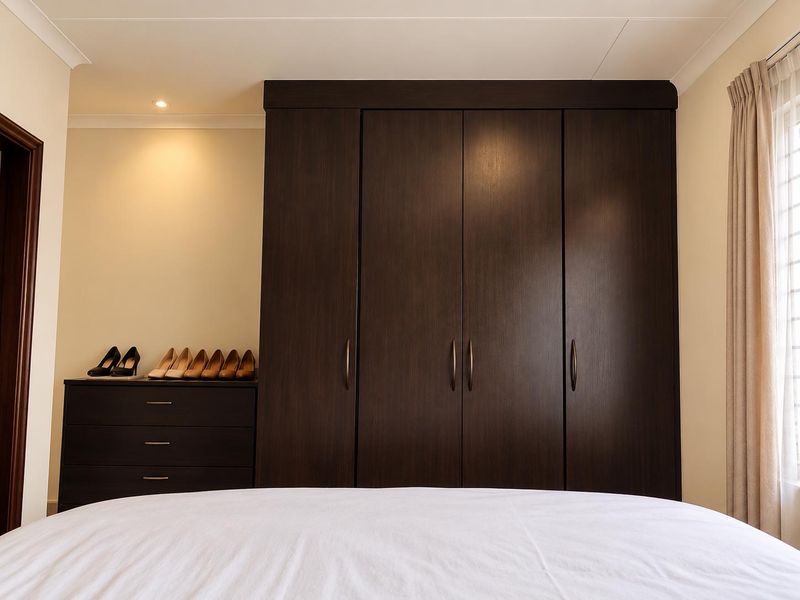 A well-maintained bedroom featuring dark wood built-in cupboards, recessed downlighting, and neutral wall finishes.