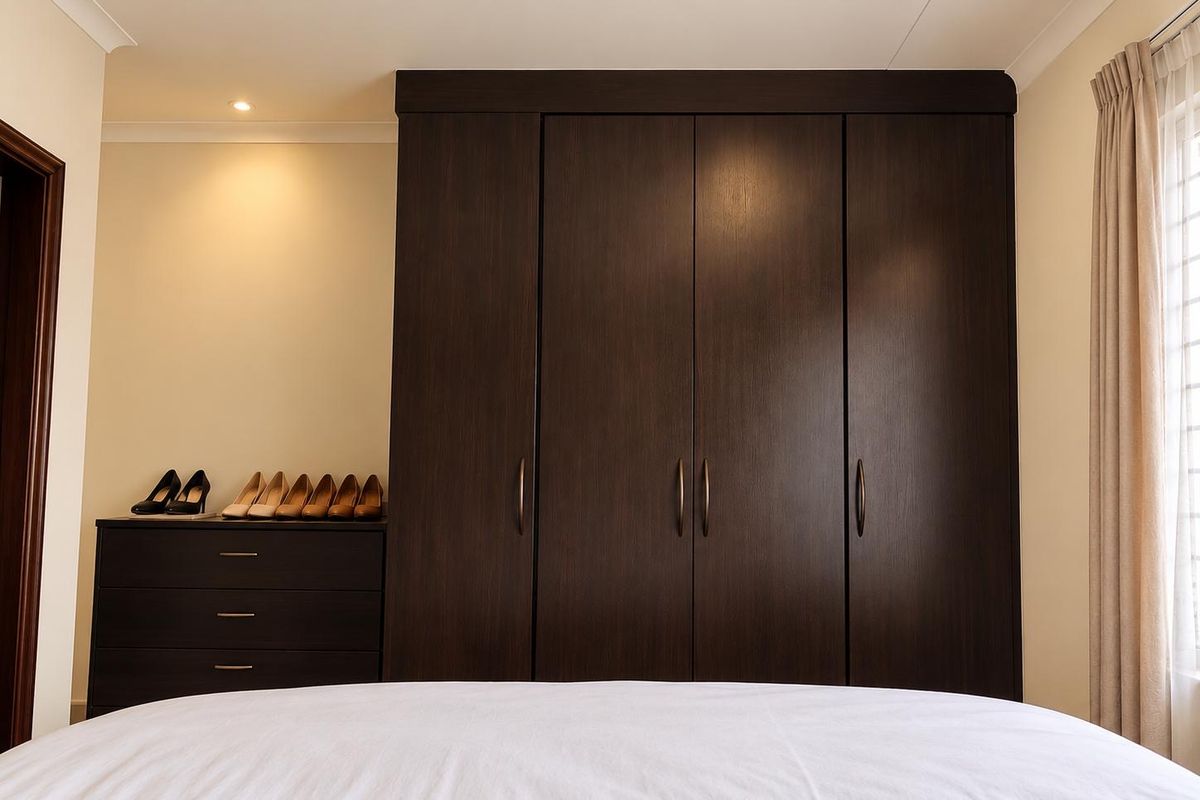 A well-maintained bedroom featuring dark wood built-in cupboards, recessed downlighting, and neutral wall finishes.