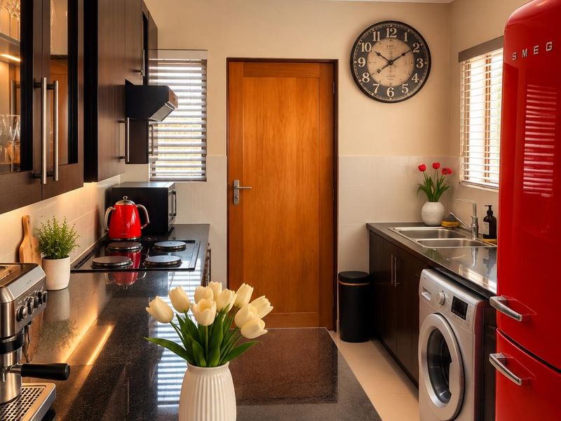 Modern kitchen featuring dark wood cabinetry, granite countertops, recessed lighting, and integrated laundry facilities in a clean, well-maintained layout.