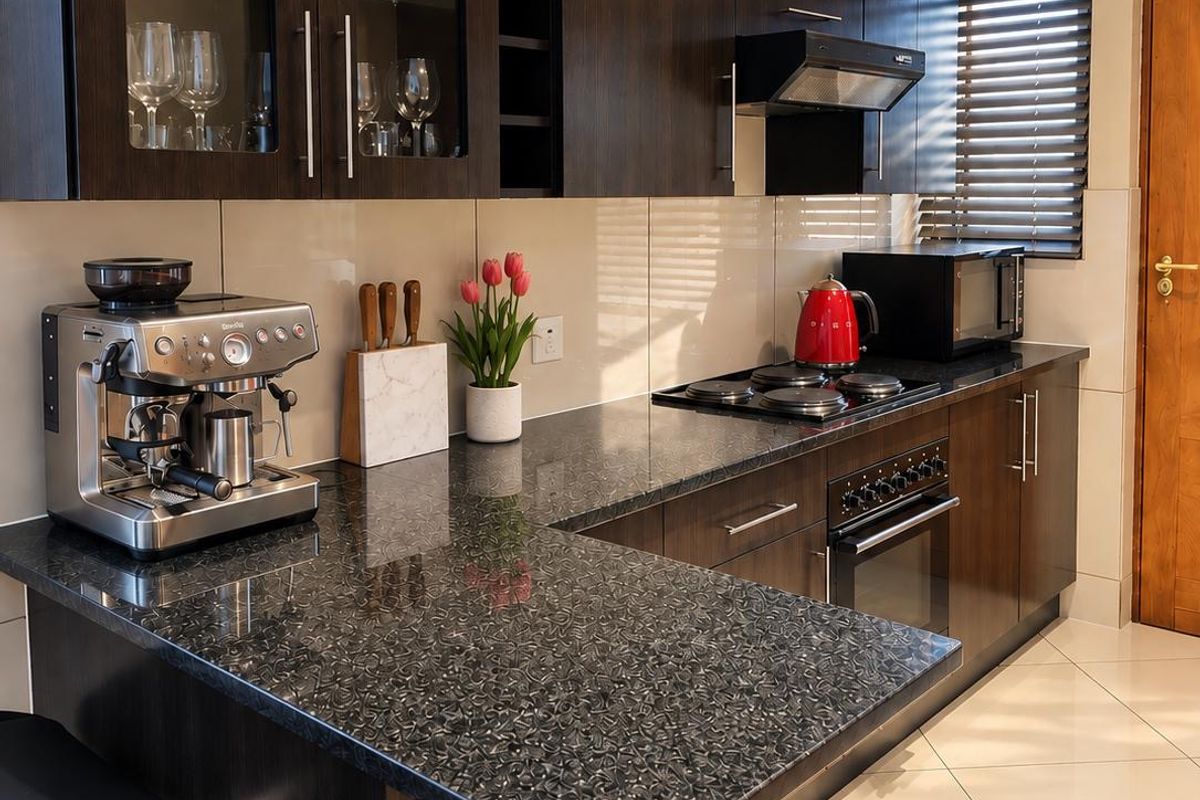 Modern kitchen featuring dark wood cabinetry, granite countertops, built-in oven, electric hob, extractor fan, and tiled flooring with a breakfast bar area.