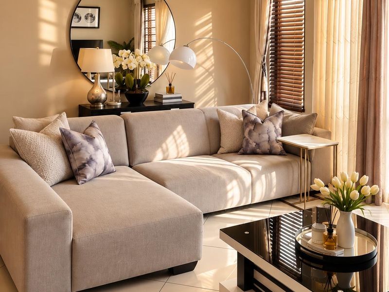 A well-lit living room featuring polished tiled flooring, recessed ceiling lighting, and window treatments including venetian blinds and curtains.