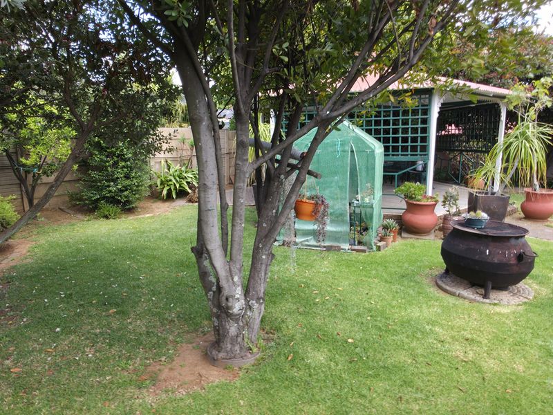 A well-maintained private garden featuring a lush lawn, mature trees, a paved pathway, and a covered patio area for outdoor relaxation.
