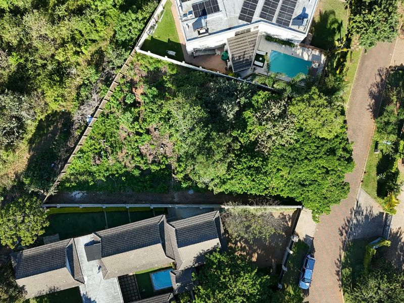 An aerial view of a vacant residential plot surrounded by established vegetation, boundary walls, and neighboring properties with paved access.