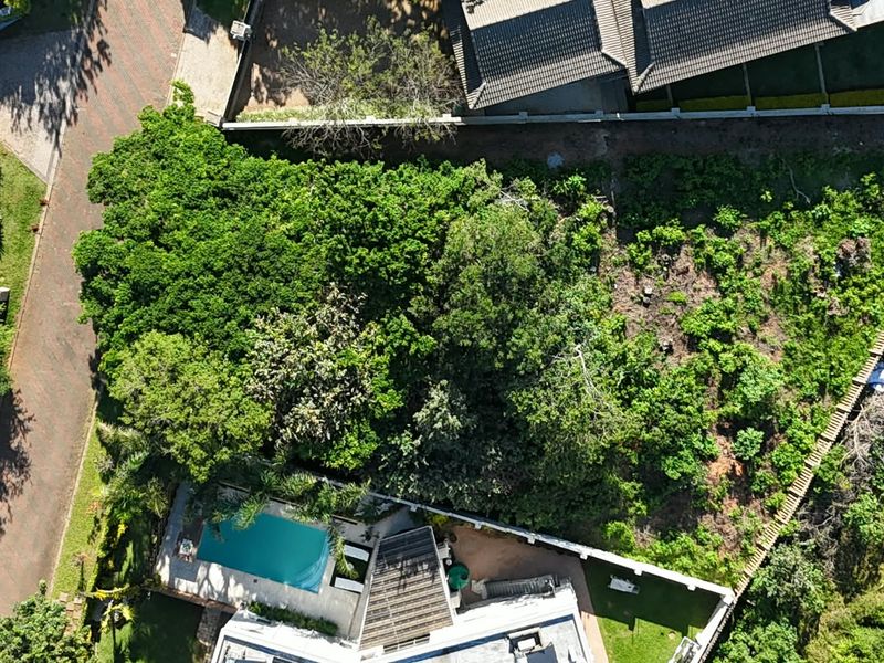 Aerial view of a residential plot featuring a swimming pool, established trees, and boundary walls, showing the current layout of the land.