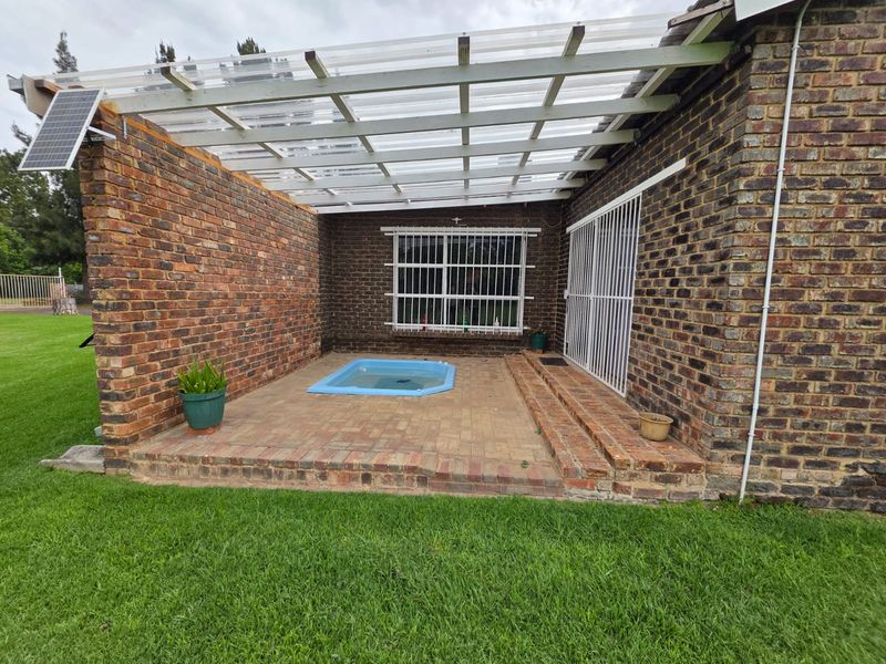 Covered outdoor patio area featuring brick paving, a built-in plunge pool, and a timber pergola structure with translucent roofing.