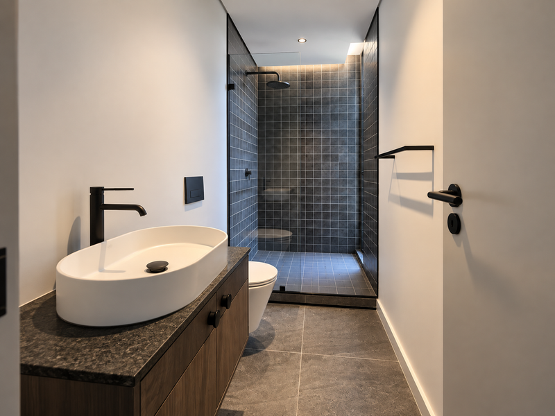 Modern bathroom featuring a sleek vessel sink, stone-topped vanity, and a spacious walk-in shower with dark tiled finishes and matte black fixtures.