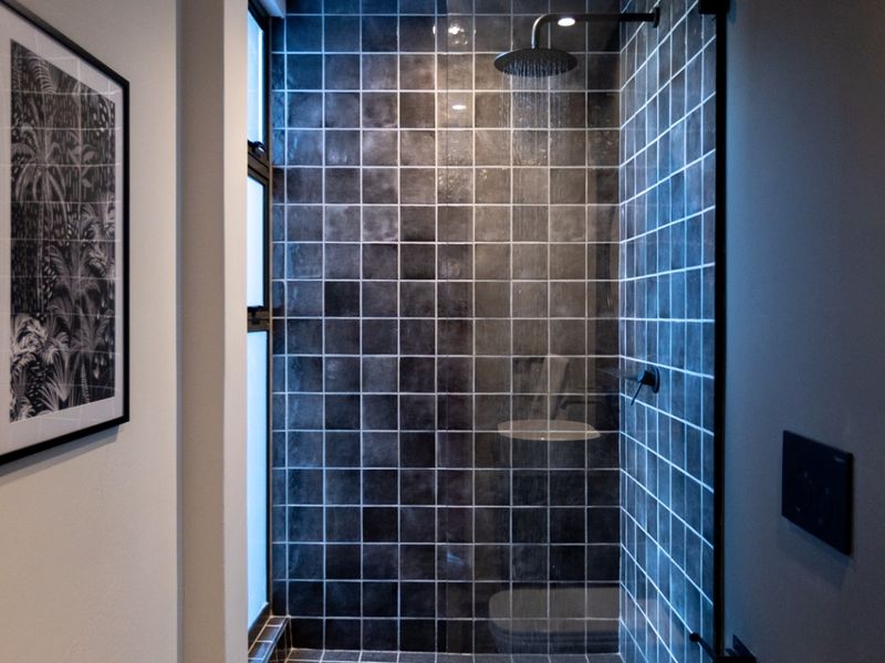 Modern bathroom featuring a walk-in shower with dark tiled walls, a rain shower head, glass screen, and a contemporary vessel sink.