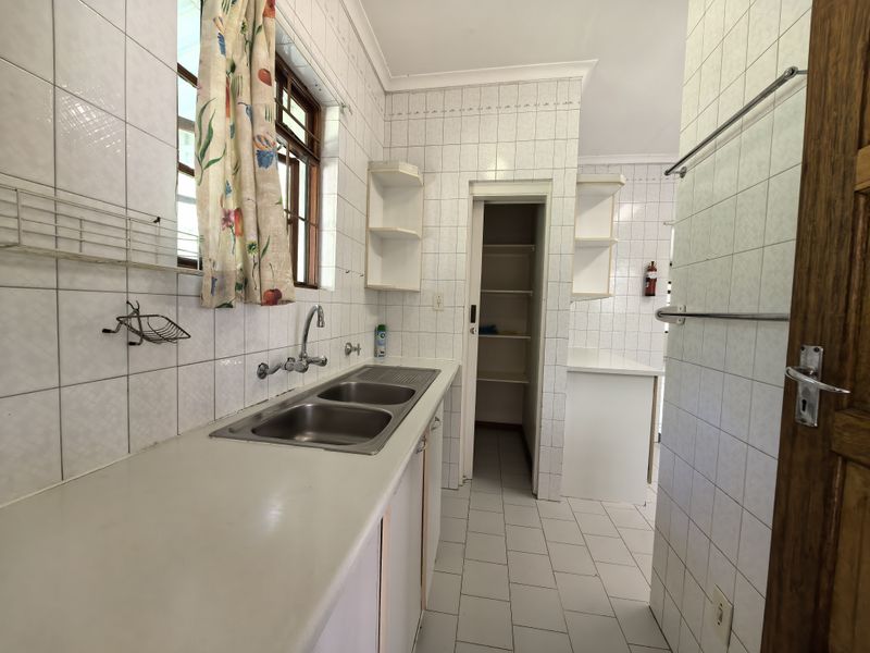 A functional scullery area featuring a double bowl sink, tiled splashbacks, and a built-in pantry, offering practical utility space for the home.