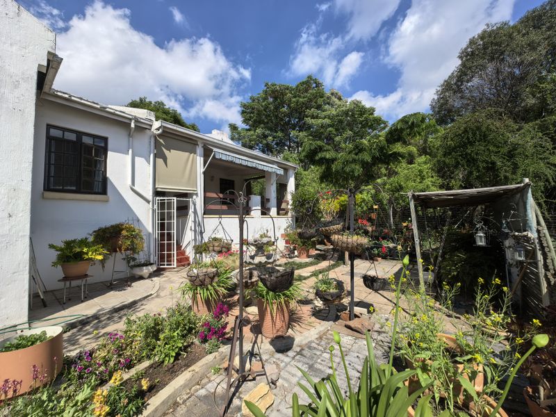 A well-established rear garden featuring a paved courtyard, a covered patio area with a retractable awning, and mature landscaping.