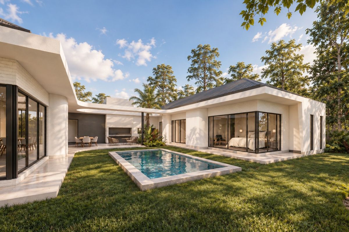 Modern rear exterior featuring a swimming pool, covered patio with built-in braai, and expansive sliding glass doors connecting indoor and outdoor living spaces.