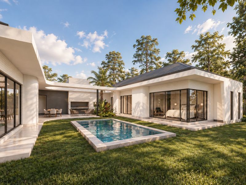 Modern rear exterior featuring a swimming pool, covered patio with built-in braai, and expansive sliding glass doors connecting indoor and outdoor living spaces.