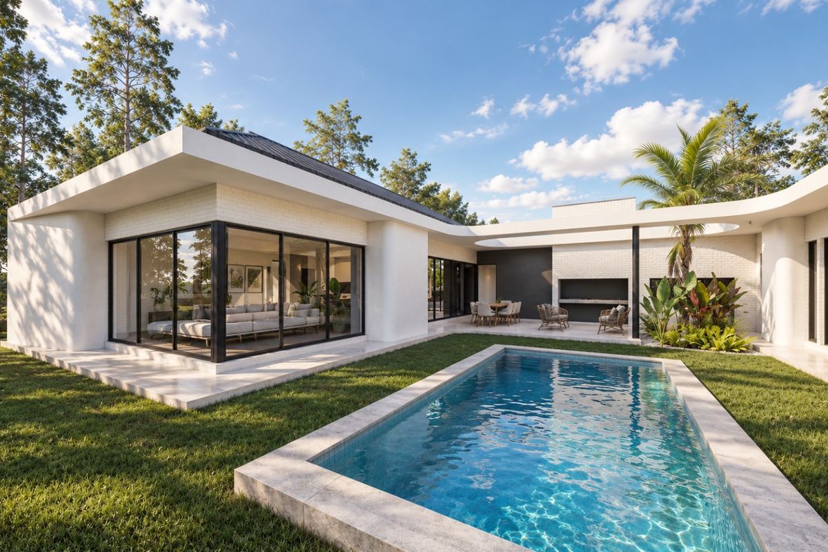 Modern luxury residence featuring a pristine swimming pool, covered patio with built-in fireplace, and expansive glass doors opening to a landscaped garden.