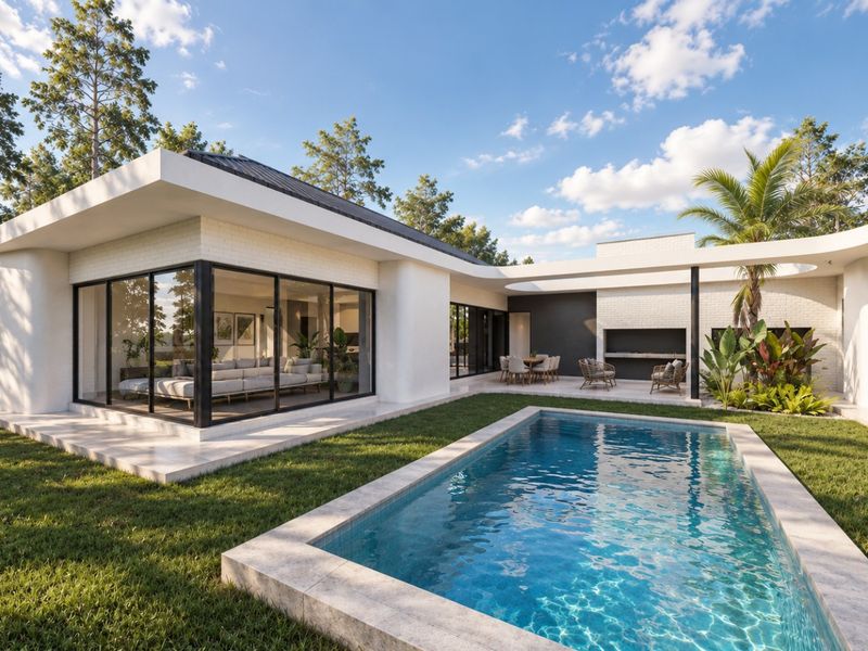 Modern luxury residence featuring a pristine swimming pool, covered patio with built-in fireplace, and expansive glass doors opening to a landscaped garden.