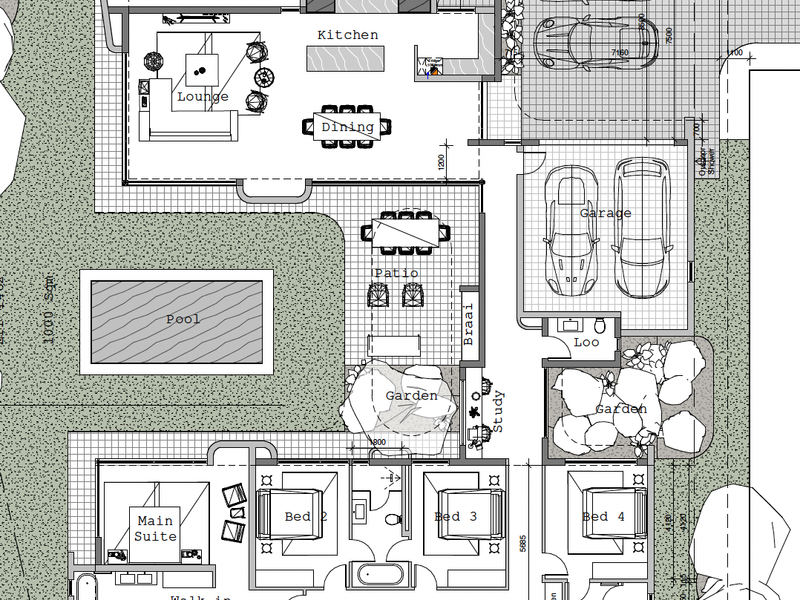 Architectural floor plan showing a four-bedroom house layout with open-plan living areas, a swimming pool, double garage, and landscaped garden.