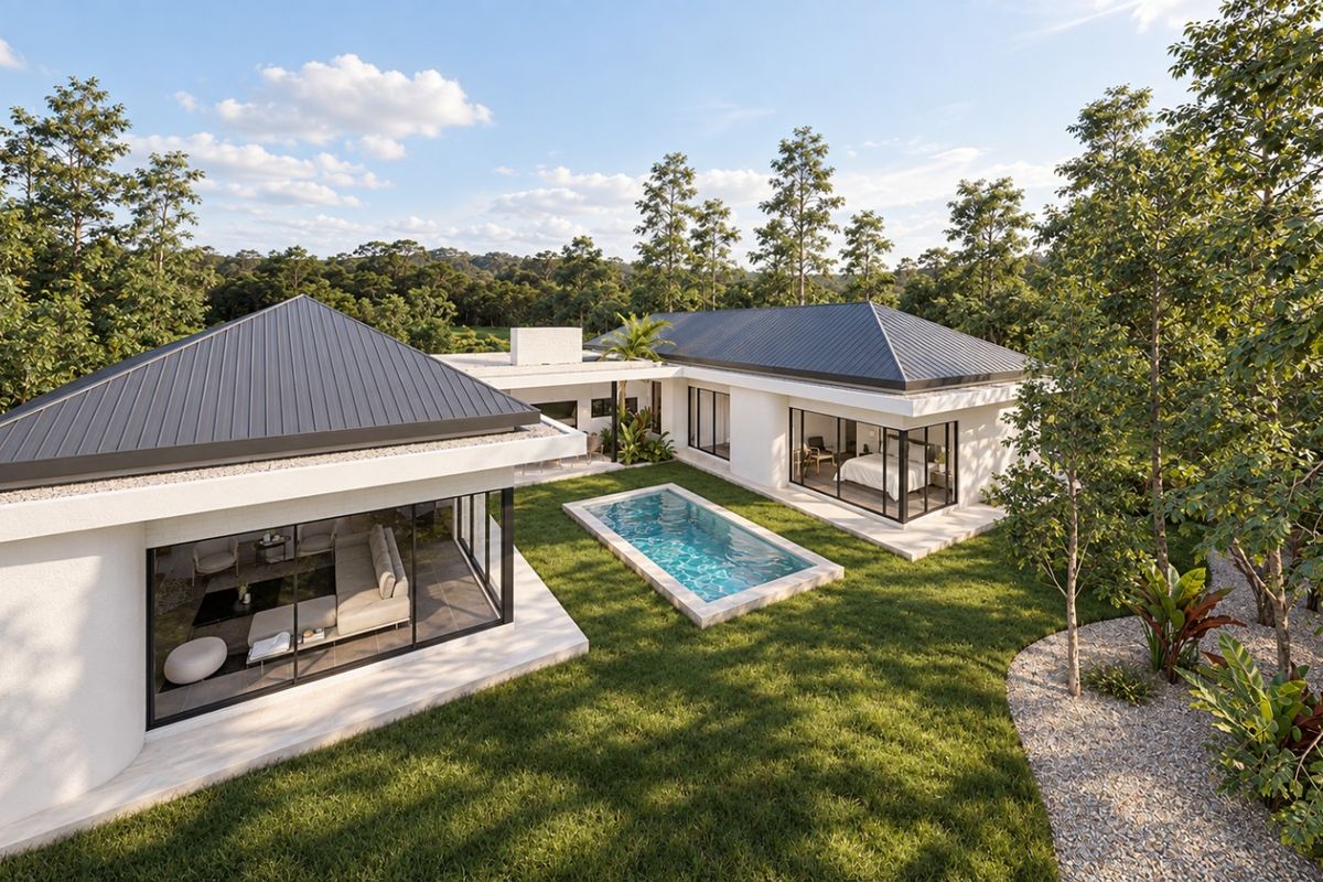 A modern single-story home featuring a metal roof, large glass sliding doors, and a private swimming pool set within a landscaped garden.