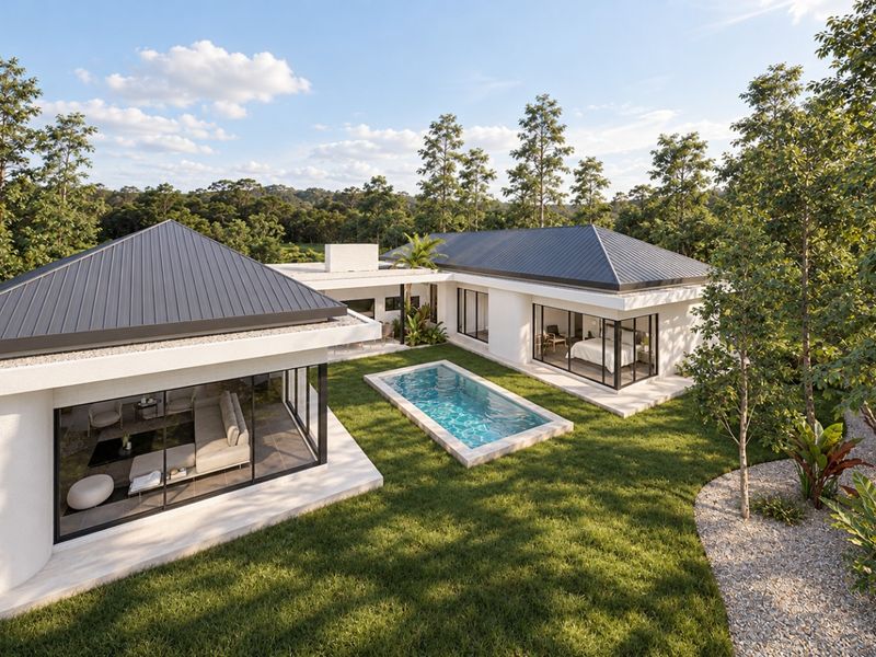 A modern single-story home featuring a metal roof, large glass sliding doors, and a private swimming pool set within a landscaped garden.