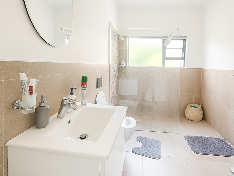 Modern bathroom featuring a vanity cabinet with basin, wall-mounted toilet, and a spacious walk-in shower with a glass screen and neutral tiled finishes.