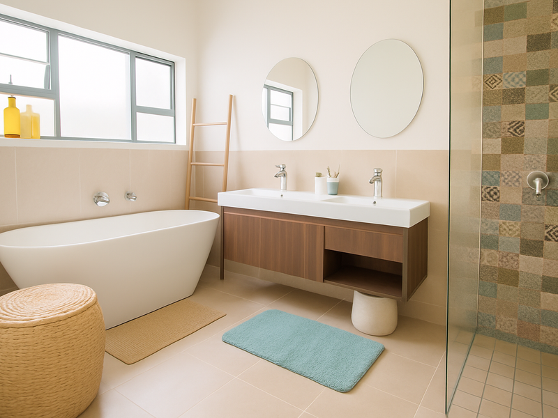 Modern bathroom featuring a freestanding bathtub, double vanity with wall-mounted faucets, and a walk-in shower with decorative mosaic tiling.