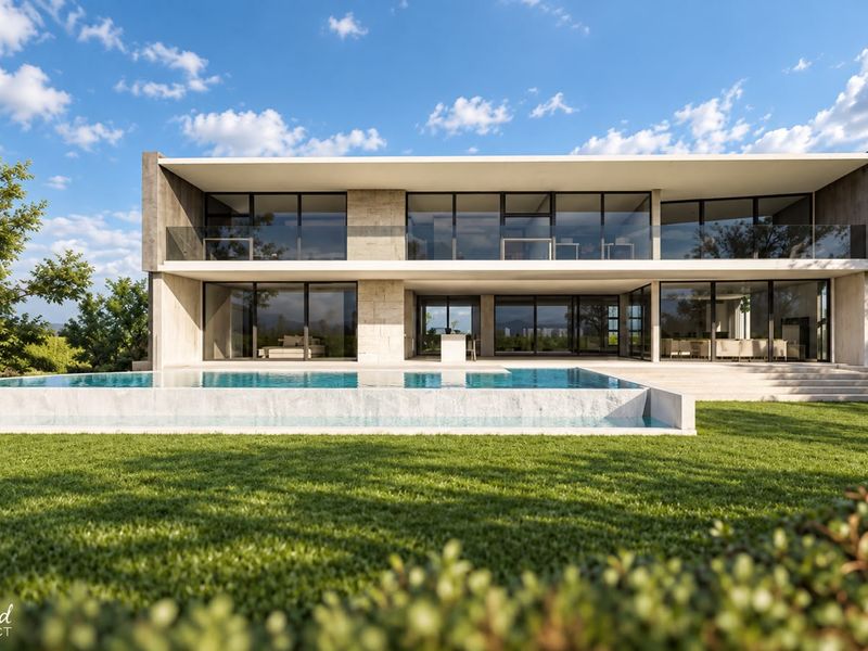 A modern luxury residence featuring a sleek swimming pool, expansive glass sliding doors, and a well-maintained lawn in a contemporary architectural style.