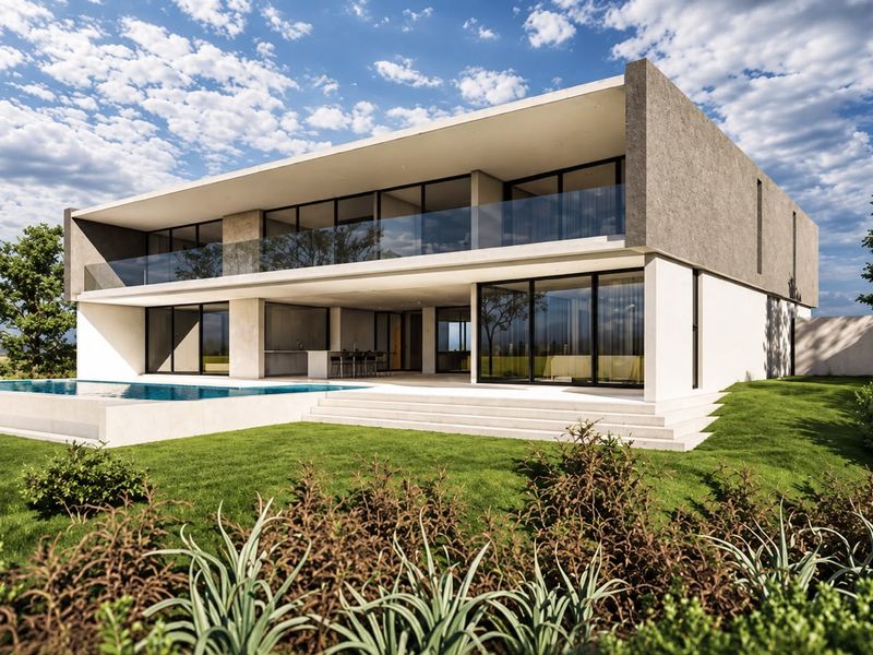 Modern architectural rear elevation featuring a swimming pool, expansive glass sliding doors, and a covered patio overlooking a landscaped garden.