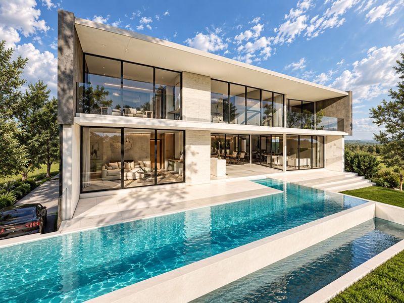 Modern two-story luxury residence featuring a sleek infinity-edge swimming pool, expansive glass sliding doors, and a spacious tiled patio area.