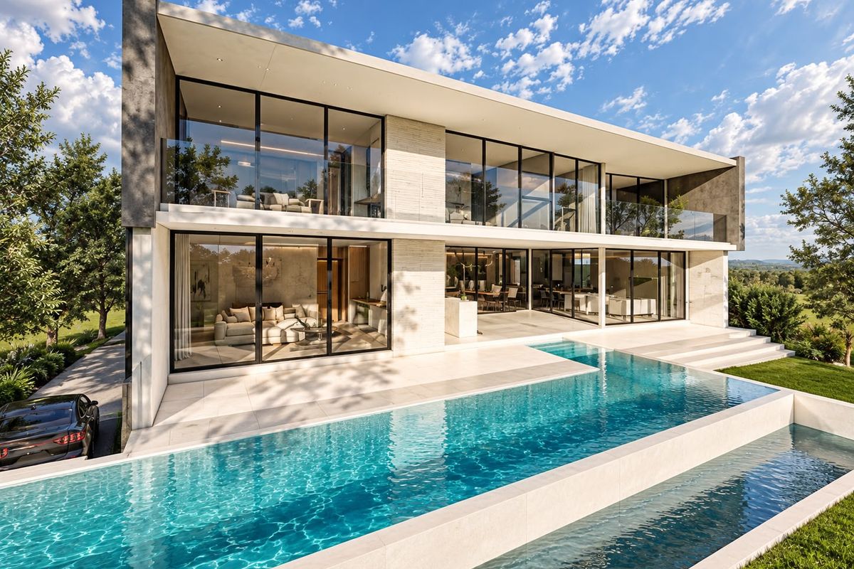 Modern two-story luxury residence featuring a sleek infinity-edge swimming pool, expansive glass sliding doors, and a spacious tiled patio area.