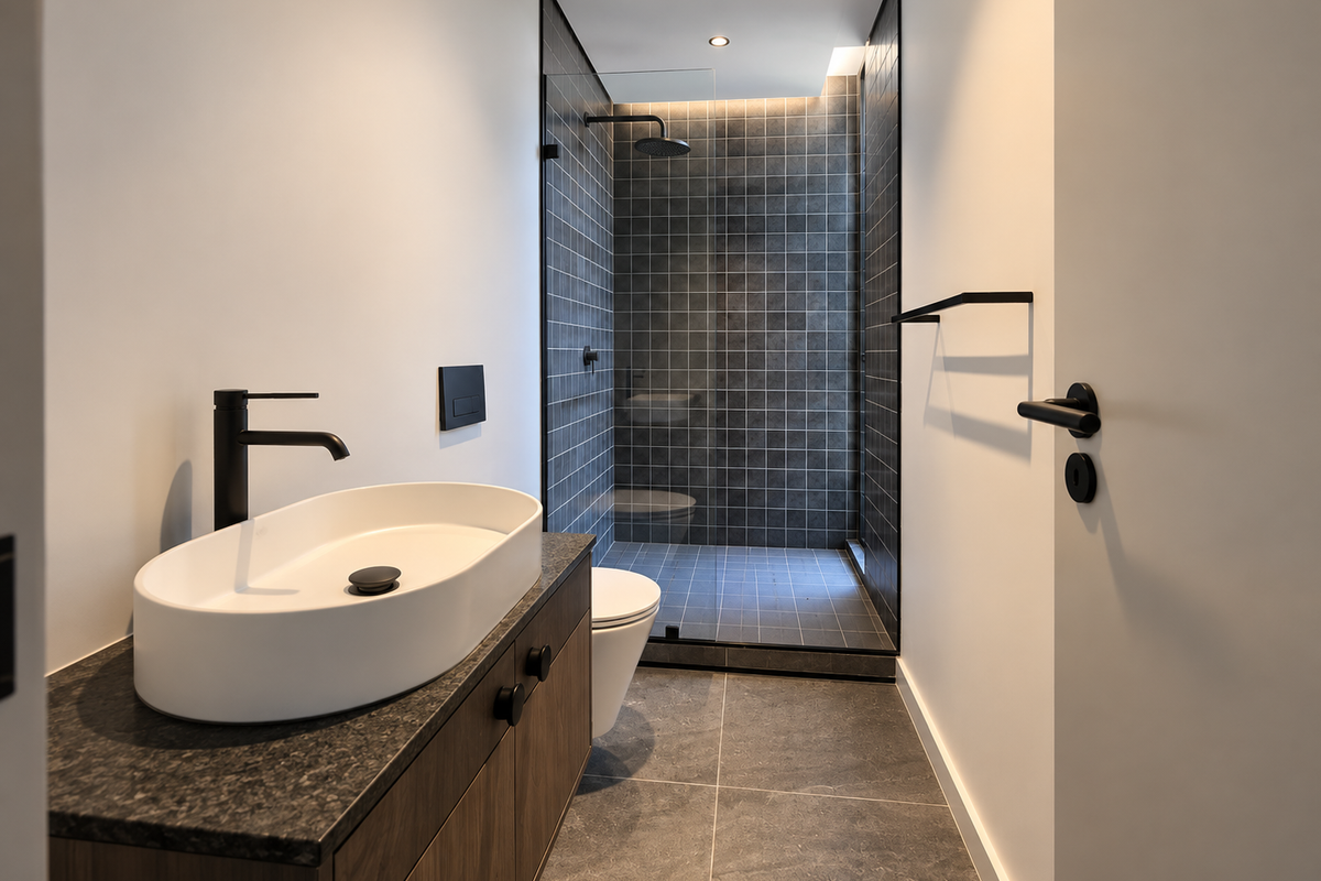 Modern bathroom featuring a sleek vessel sink, stone-topped vanity, and a spacious walk-in shower with dark tiled finishes and matte black fixtures.