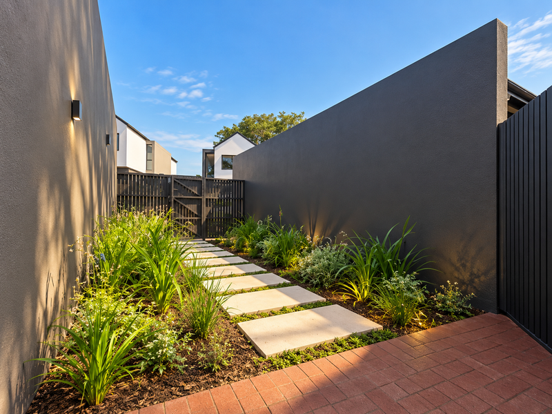 A well-maintained rear garden pathway featuring modern paver stones, dark boundary walls, and integrated wall lighting, leading to a private timber gate.