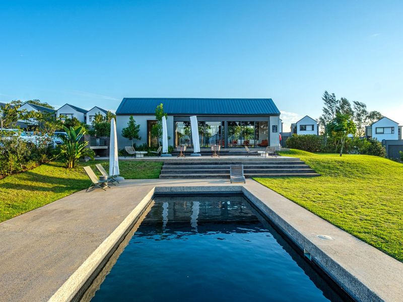 A beautifully landscaped backyard featuring a modern swimming pool, concrete decking, and a spacious covered patio area attached to the main residence.