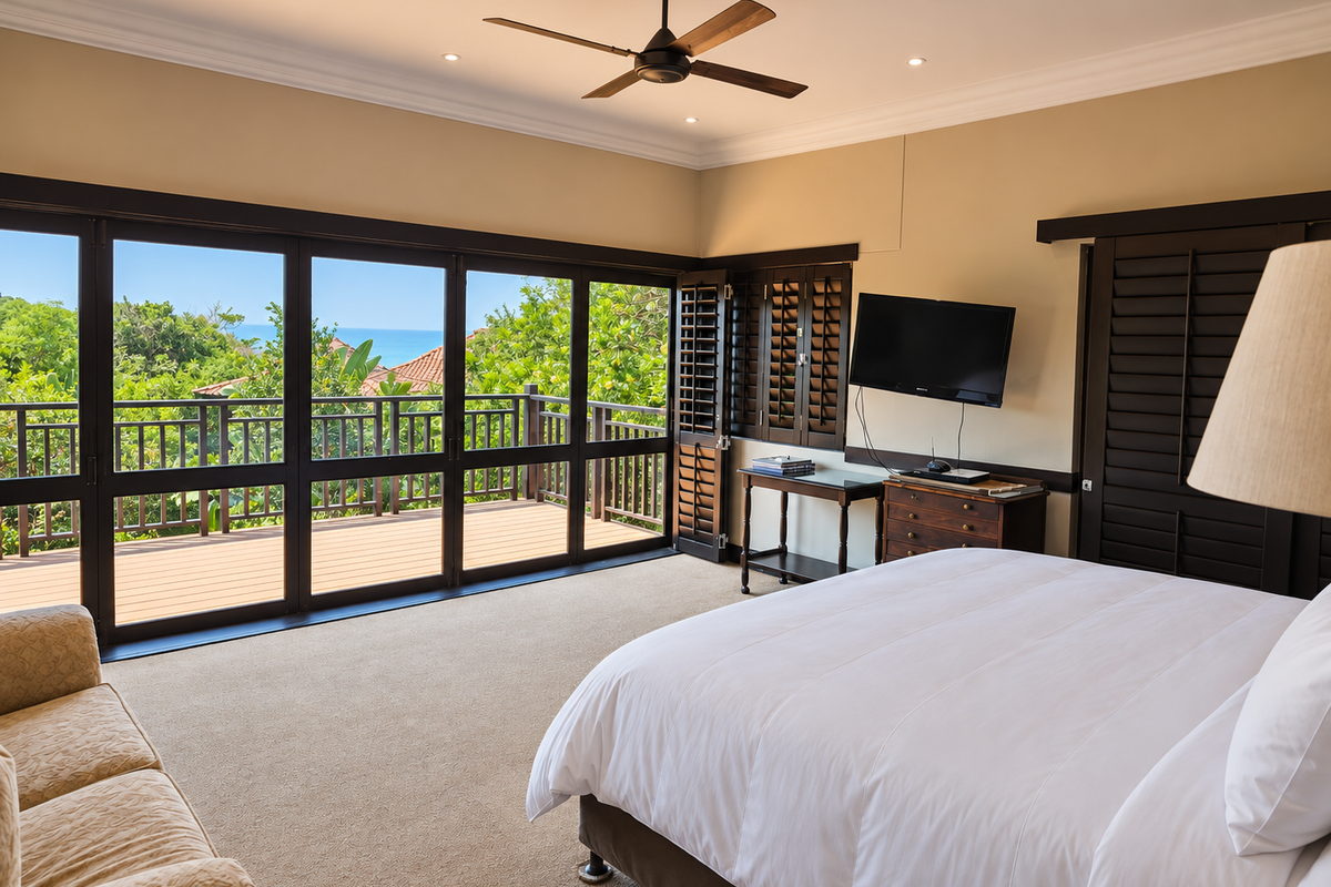 Spacious bedroom featuring large sliding glass doors opening onto a private deck with scenic views, complemented by ceiling fan and elegant wooden shutters.